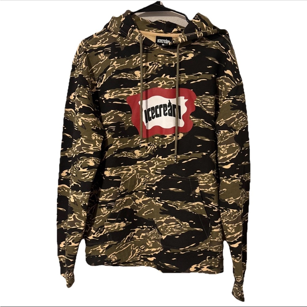 ICECREAM BBC Flag Hoodie Camo Pullover Size S All Over Print Sweatshirt Green